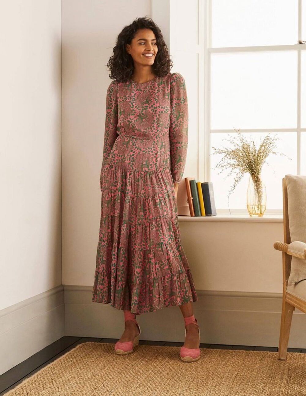 Boden Annie Tiered Midi Dress Pink Green Floral Paisley Size 4 AS IS